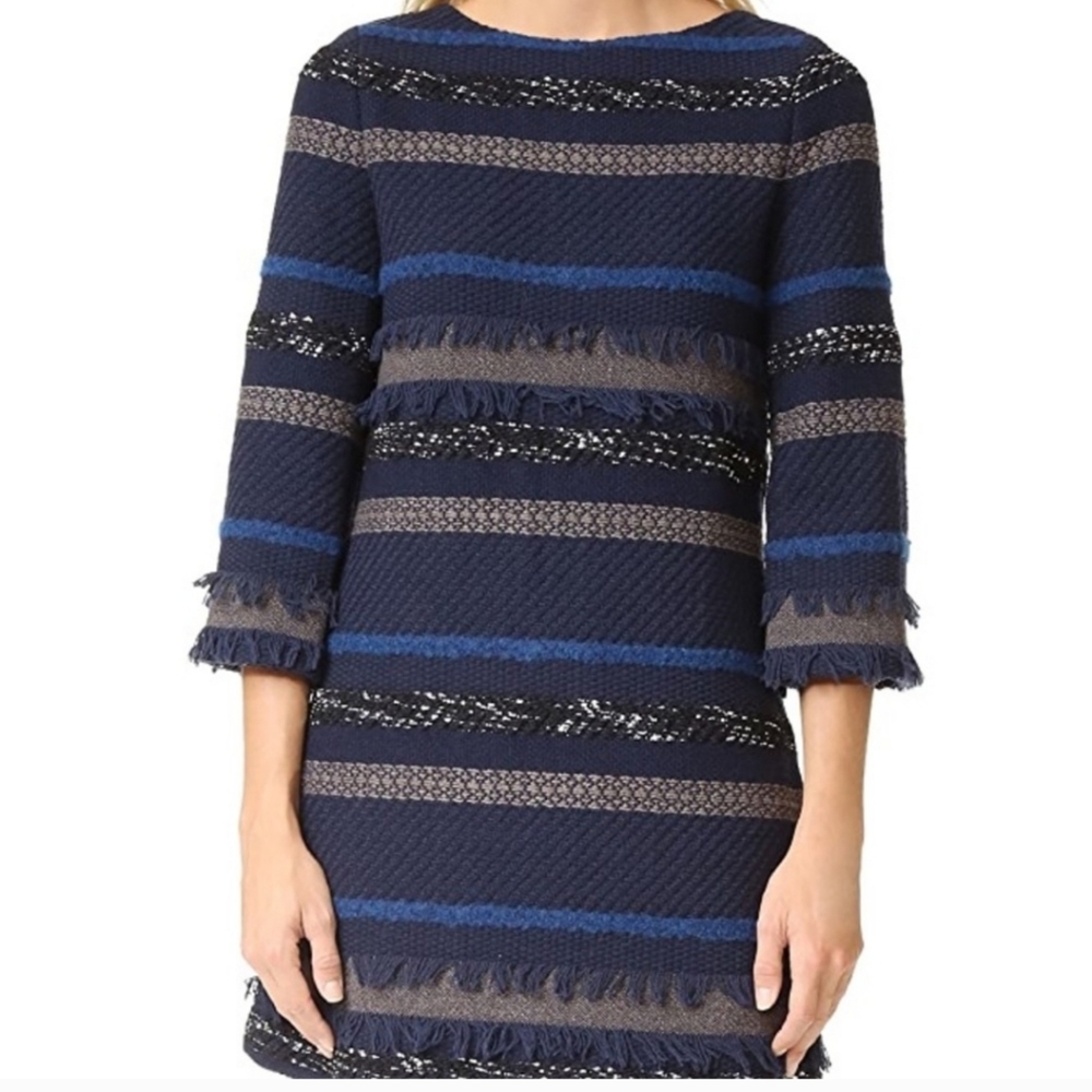 Alice + Olivia Evelina Dress Size 10 Tweed Wool Bell Sleeve Navy Grey Short